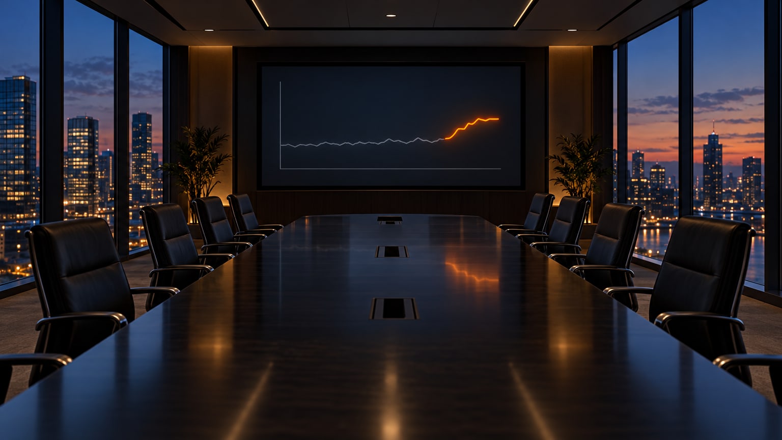 Executive boardroom reviewing enterprise AI pilot ROI and adoption data