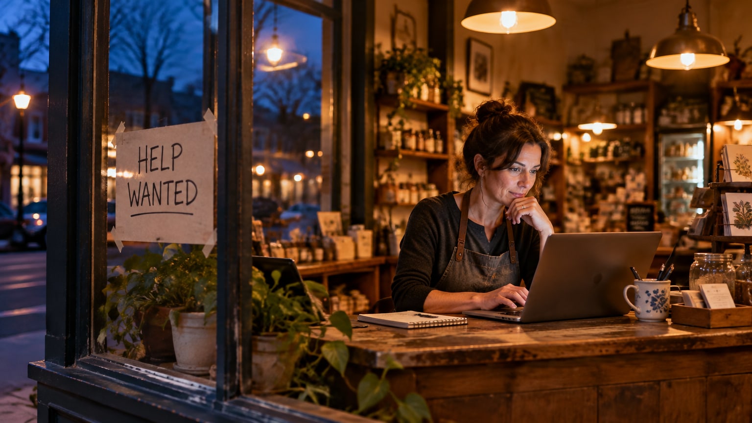 Small-business owner using artificial intelligence on a laptop beside a Help Wanted sign