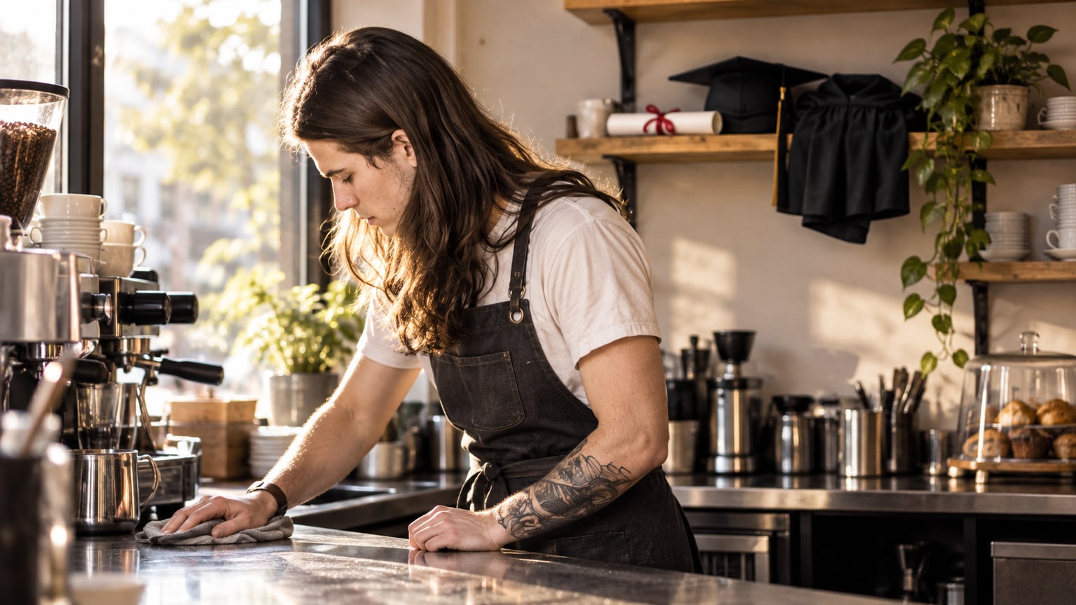 Recent college graduate working as a barista beside a diploma as AI changes entry level employment